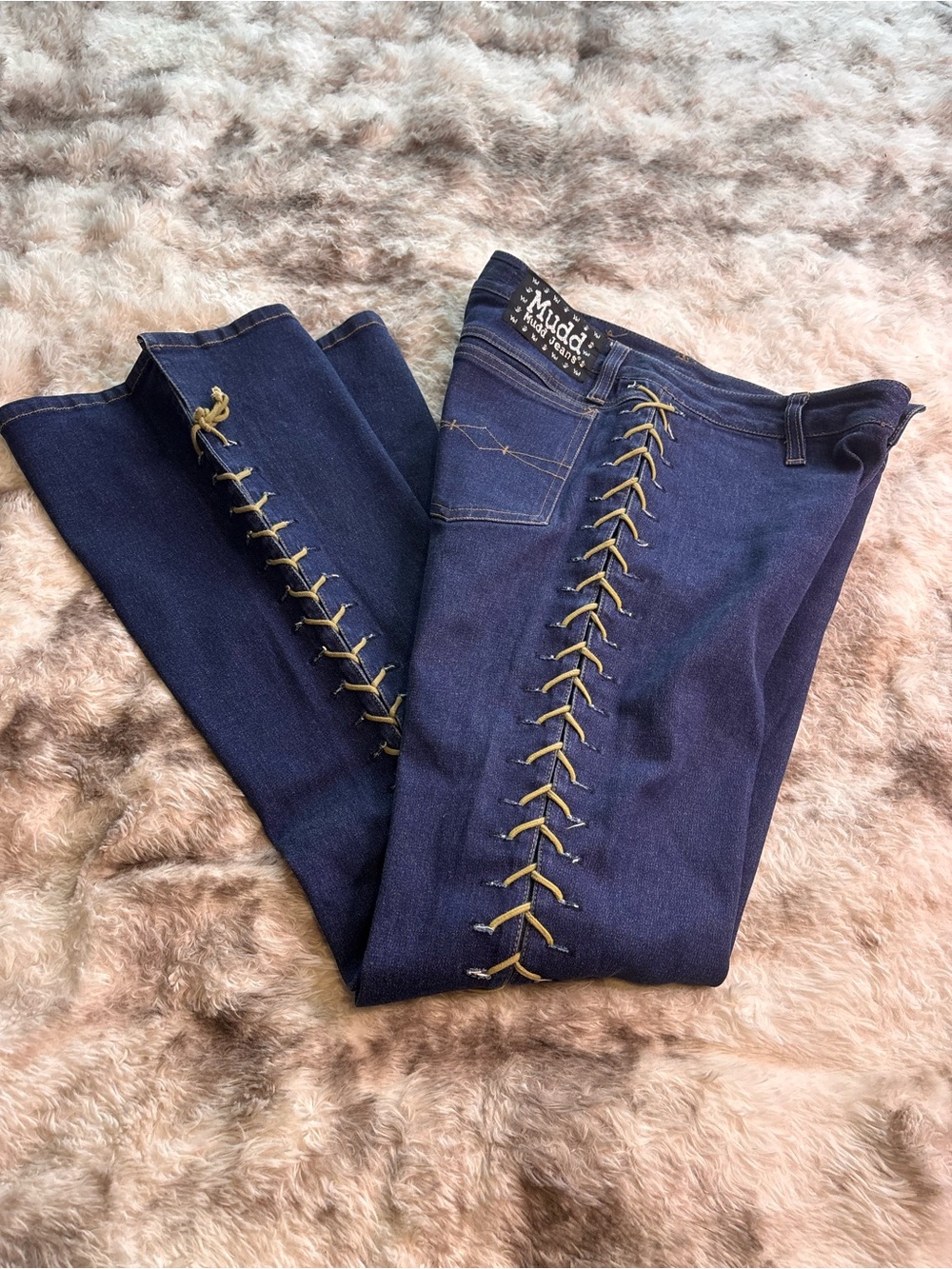 Rare Vintage Y2KMudd Women's Dark Blue flare Jeans with Contrast Lace-Up Side